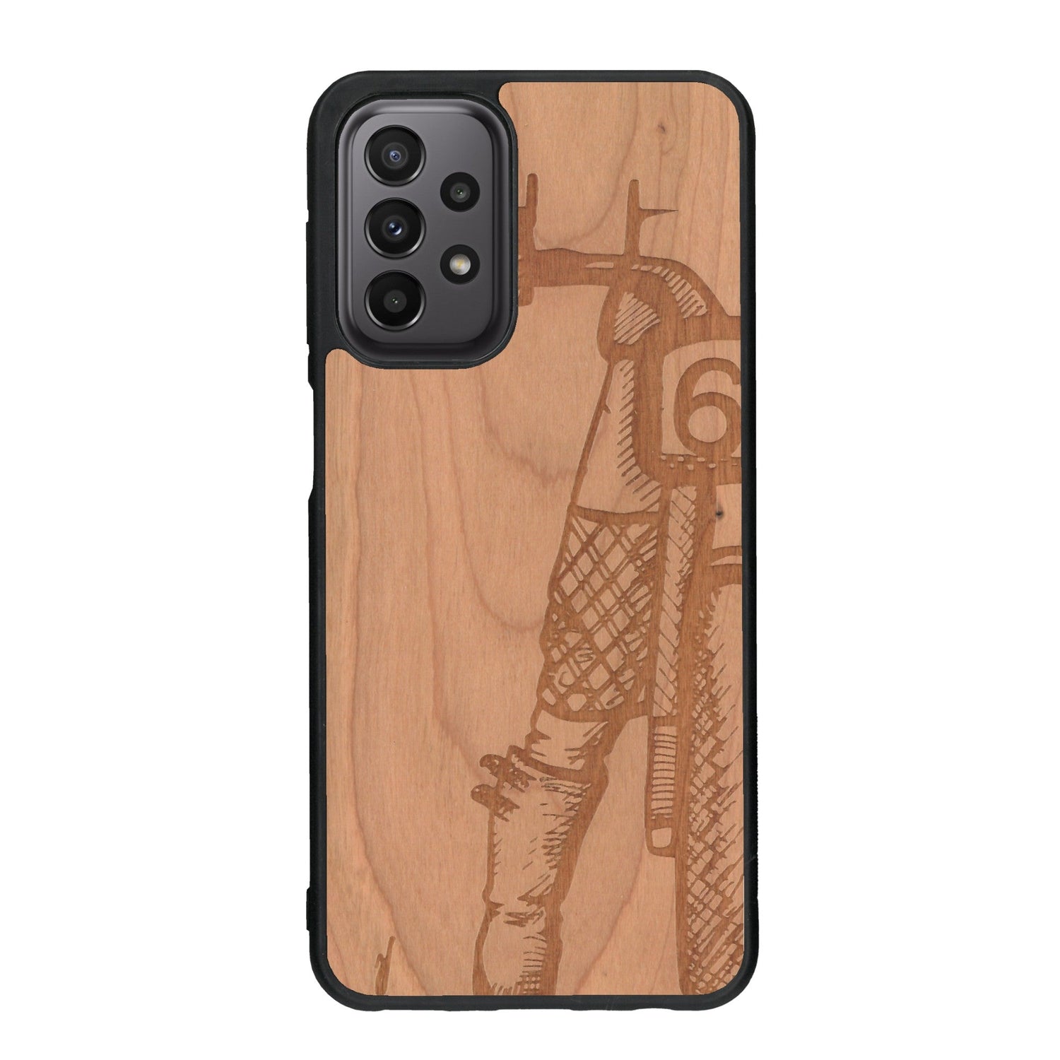 Coque de protection en bois véritable fabriquée en France pour Samsung A23 représentant une vue de face d'une femme sur une moto vintage dessinée à la main par l'artiste Maud Dabs