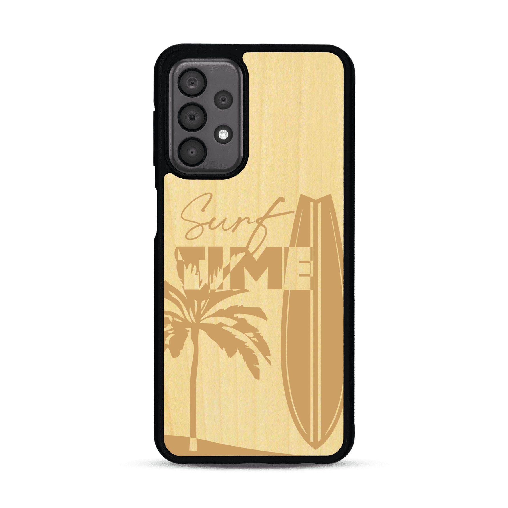 Coque de protection en bois véritable fabriquée en France pour  sur le thème chill avec un motif représentant une silouhette tenant une planche de surf sur une plage entouré de palmiers et les mots "Surf Time Long Beach Miami"
