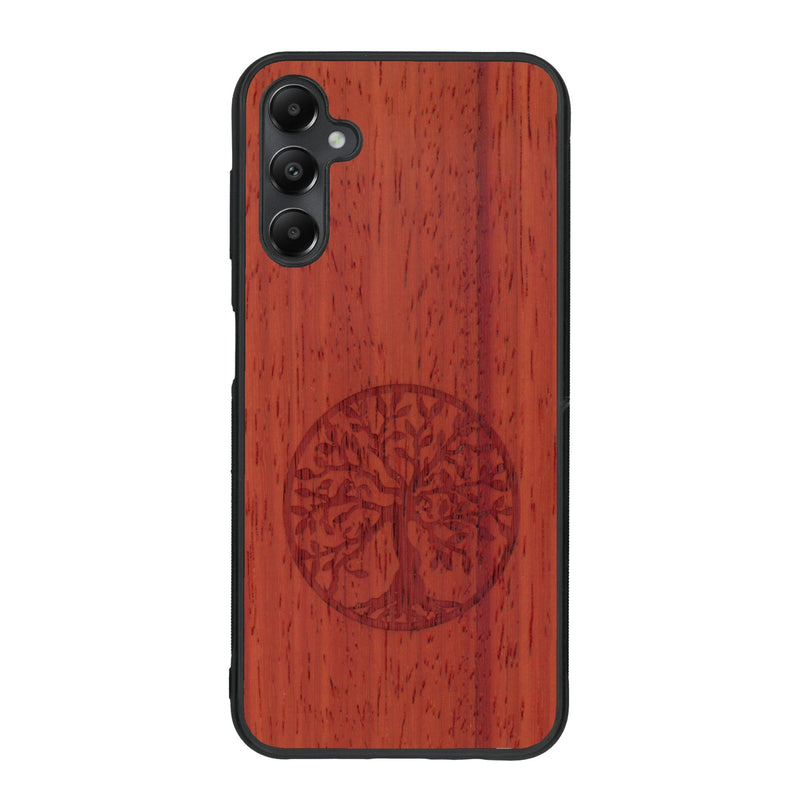 Coque de protection en bois véritable fabriquée en France pour Samsung A24 sur le thème de la spiritualité et du yoga avec une gravure zen représentant un arbre de vie
