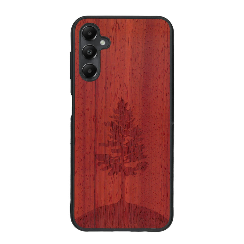 Coque de protection en bois véritable fabriquée en France pour Samsung A24 sur le thème de la nature, de la fôret et de l'écoresponsabilité avec une gravure représentant un arbre 