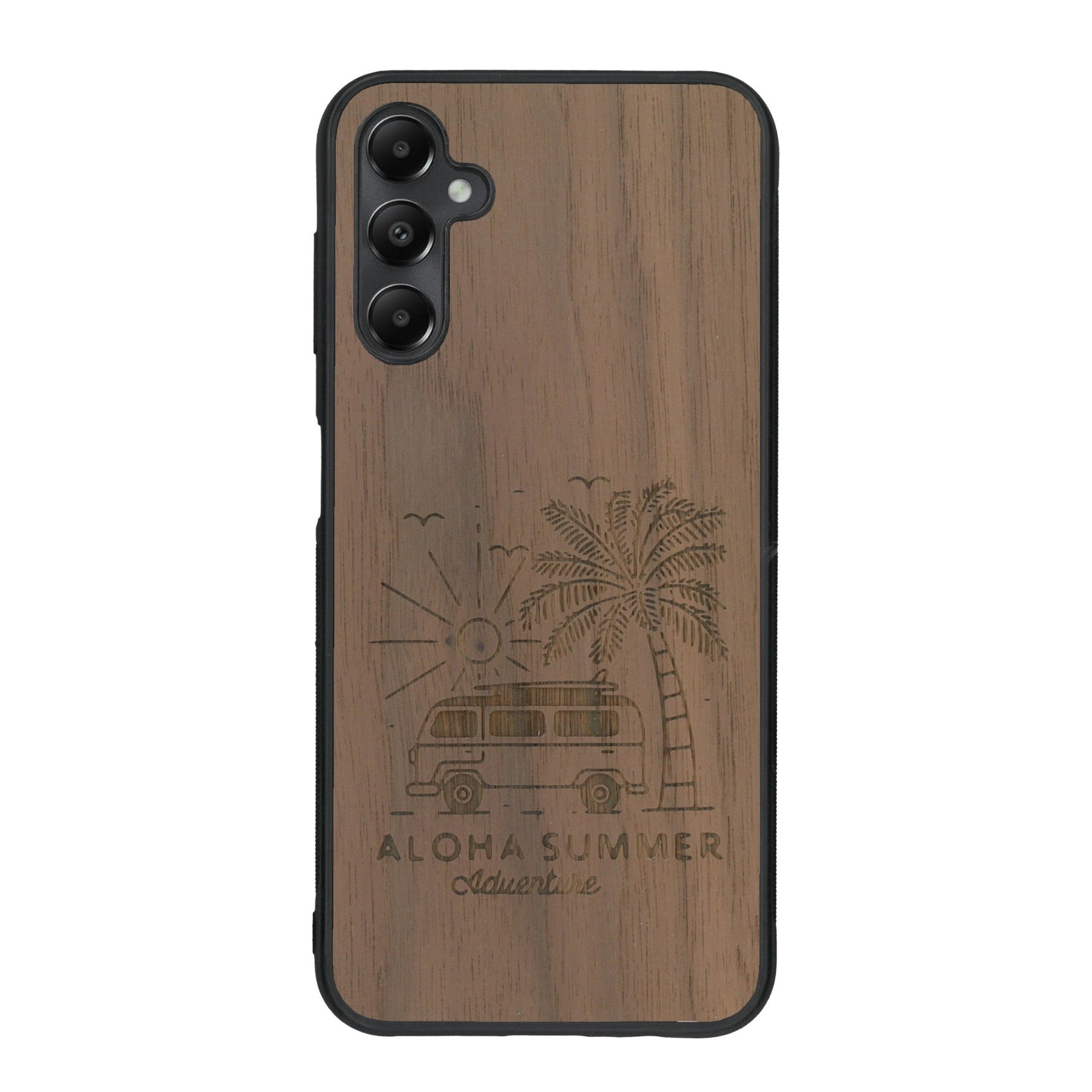 Coque de protection en bois véritable fabriquée en France pour Samsung A25 sur le thème de la plage, de l'été et vanlife.