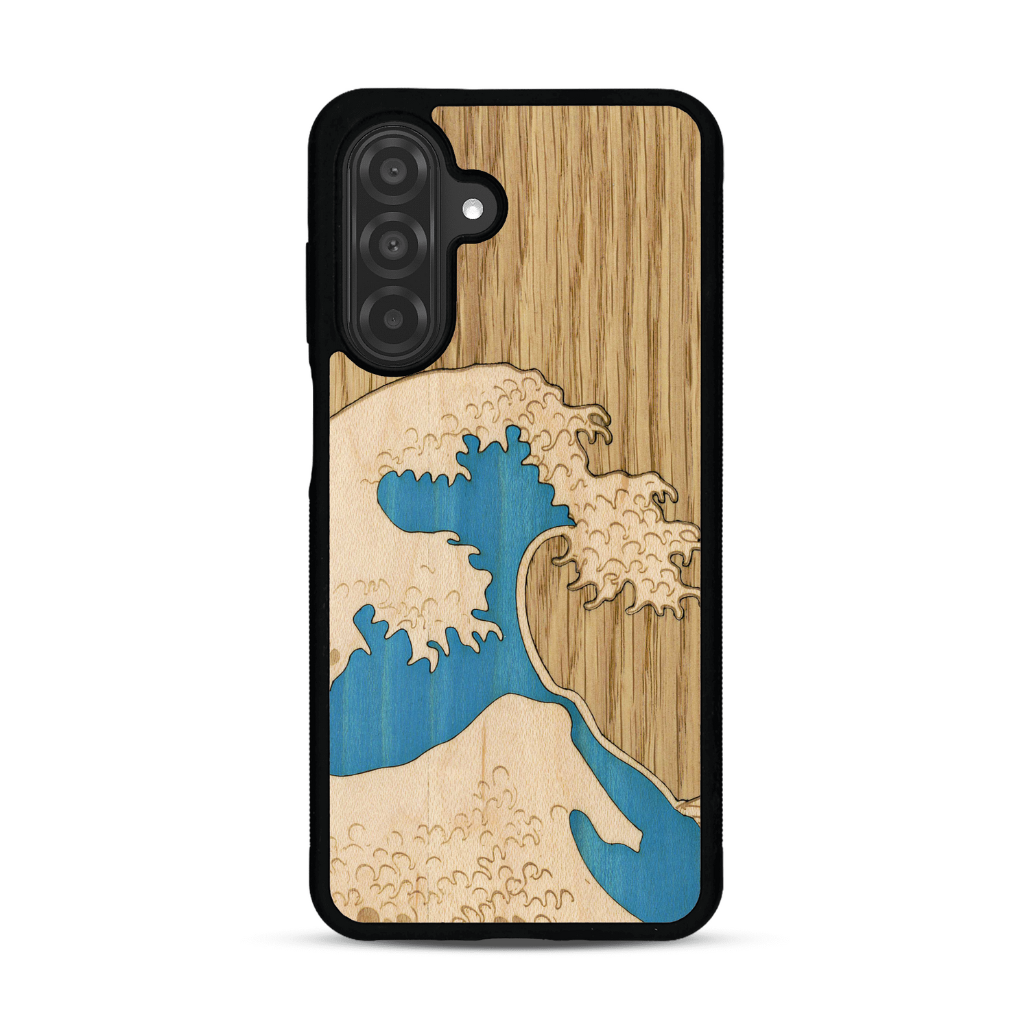 Coque de protection en bois véritable fabriquée en France pour Samsung A25 alliant plusieurs essences de bois pour représenter la célèbre grande vague de Kanagawa