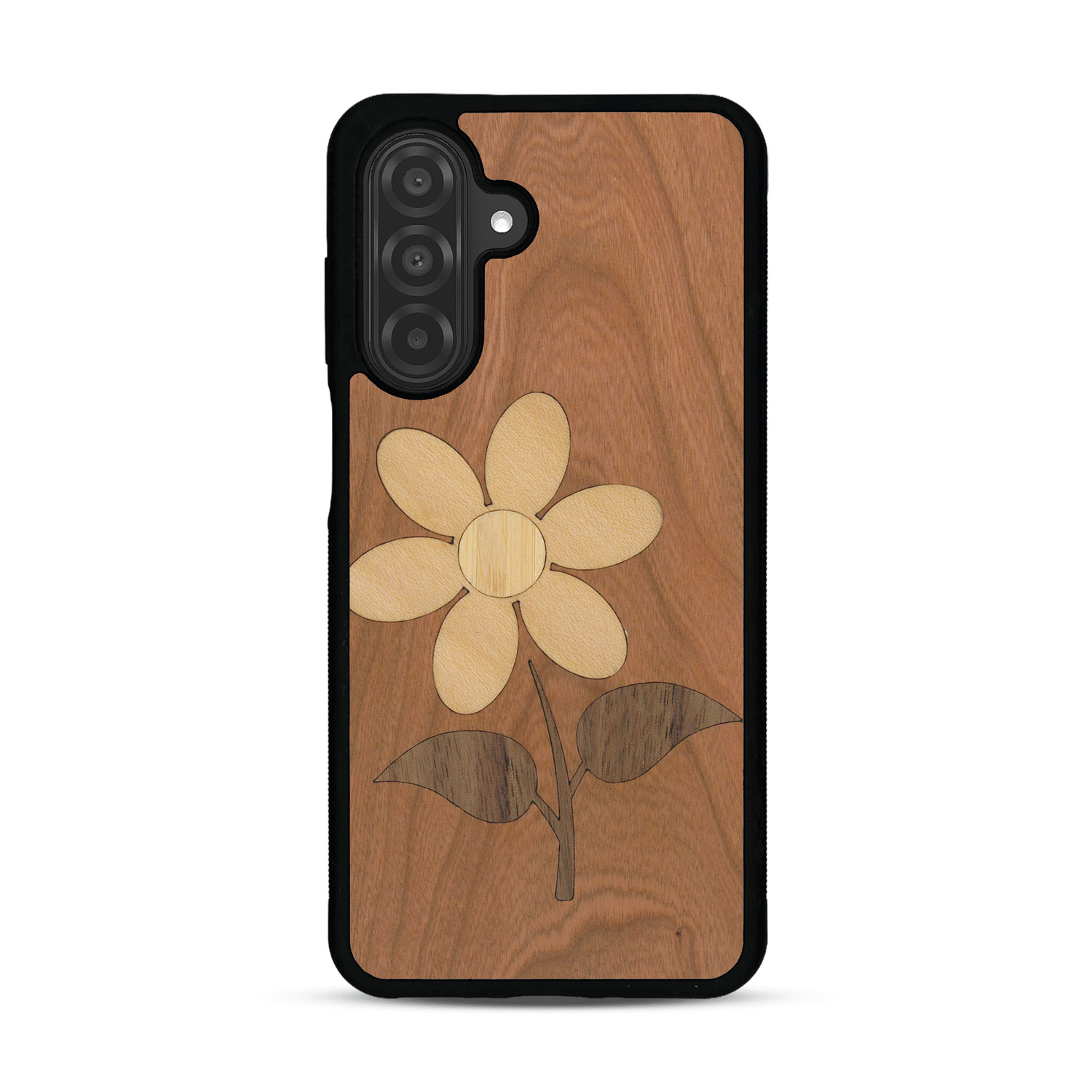 Coque de protection en bois véritable fabriquée en France pour Samsung A25 alliant plusieurs essences de bois pour représenter une marguerite