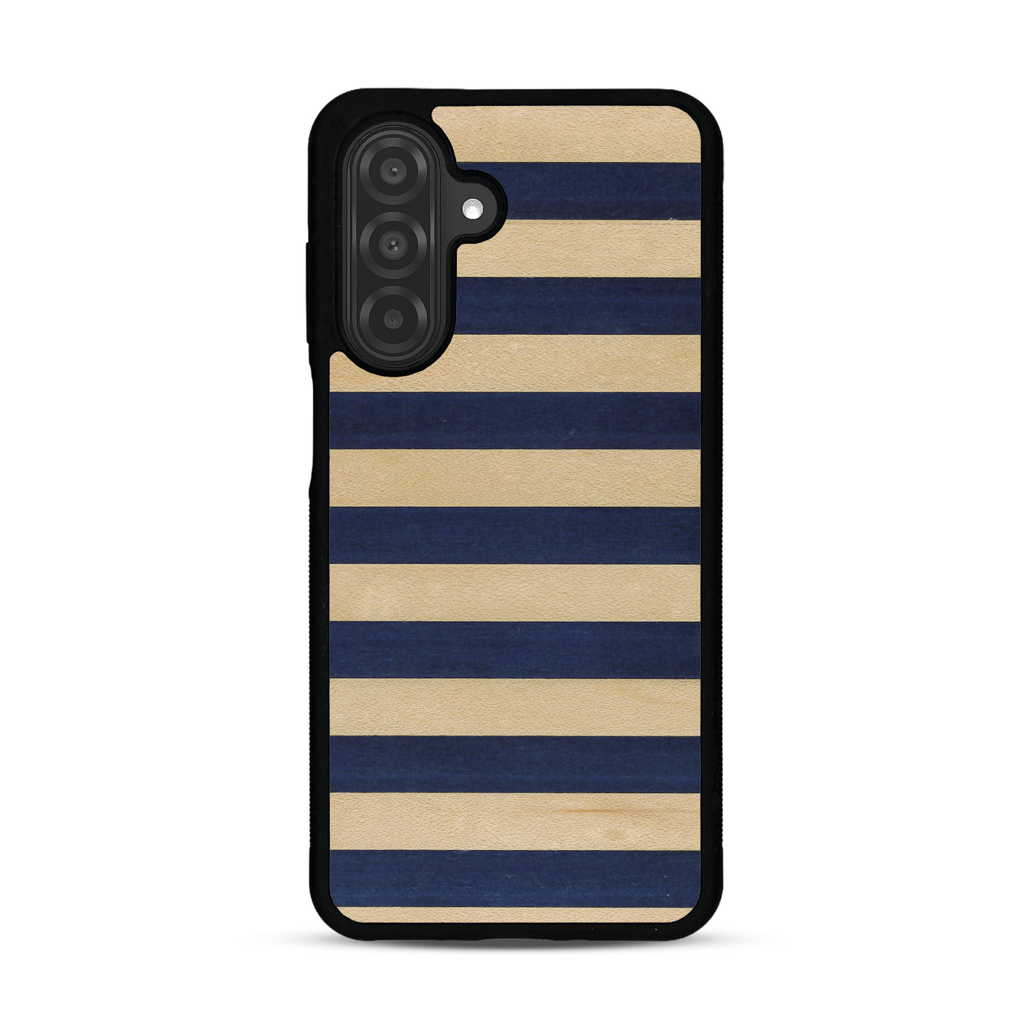 Coque de protection en bois véritable fabriquée en France pour Samsung A25 alliant plusieurs essences de bois pour représenter une marinière