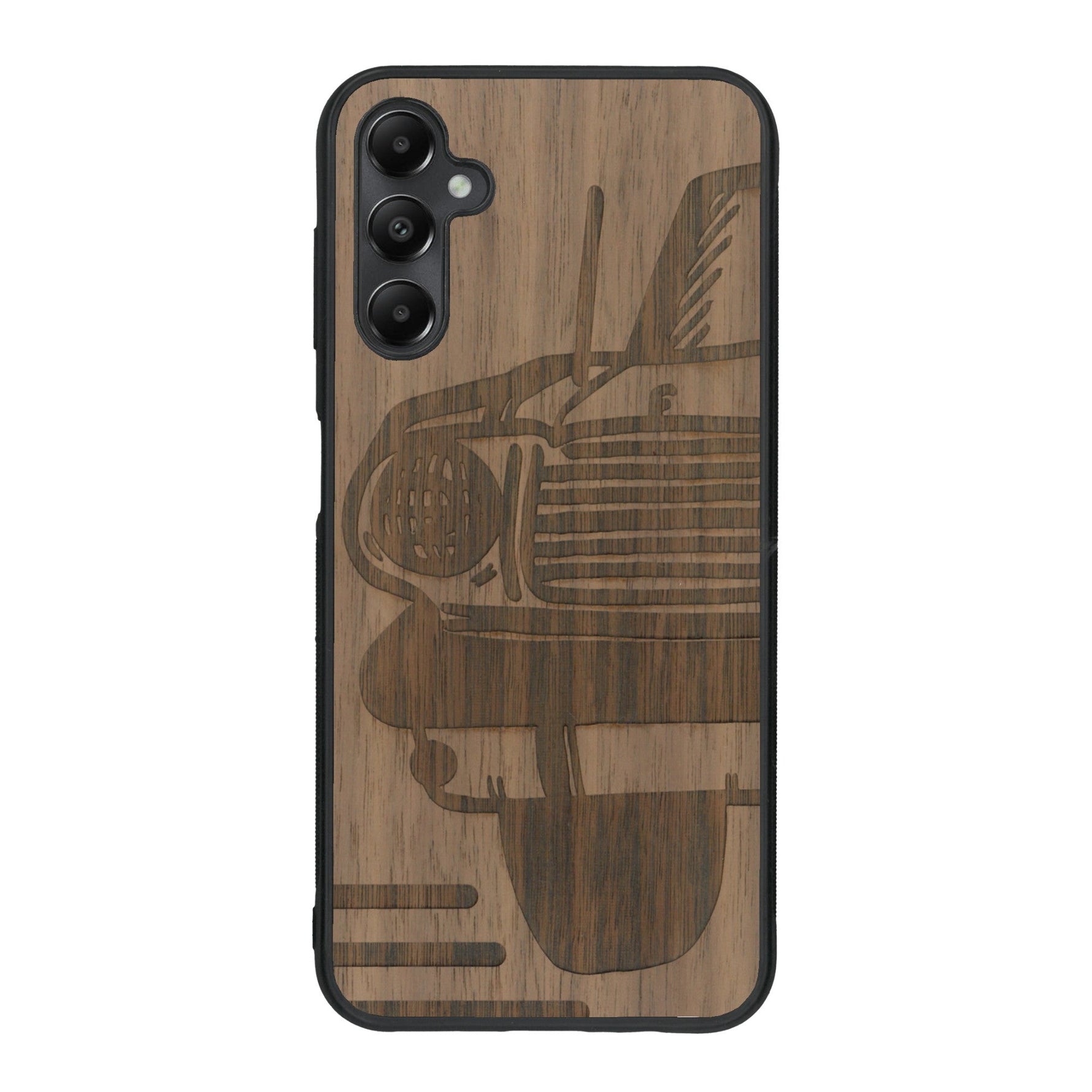 Coque de protection en bois véritable fabriquée en France pour Samsung A25 sur le thème de l'automobile avec une authentique Mustang