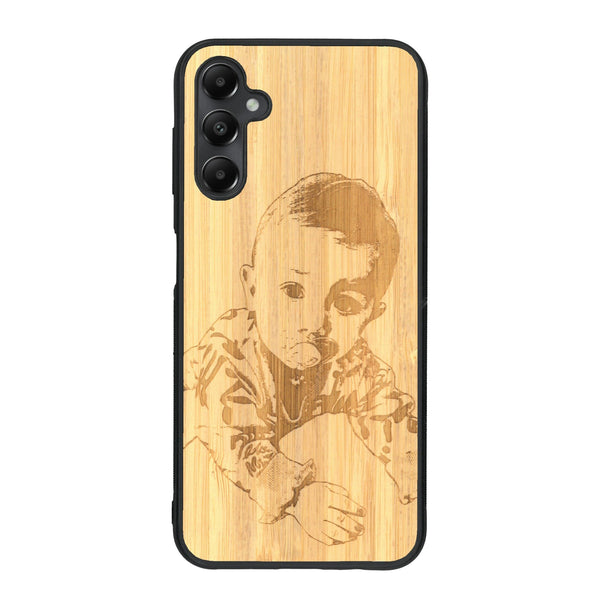 Coque de protection en bois véritable fabriquée en France pour Samsung A25 avec gravure personnalisée à partir d'une photo, d'une image, d'un logo, des initials ou d'une phrase