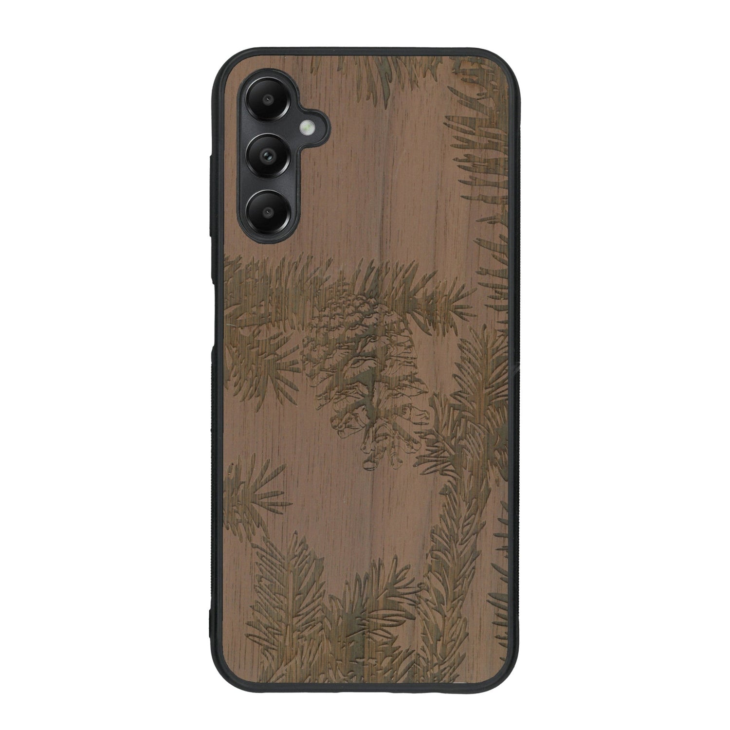 Coque de protection en bois véritable fabriquée en France pour Samsung A25 sur le thème de la nature des arbres avec un motif de gravure représentant des épines de sapin et des pommes de pin