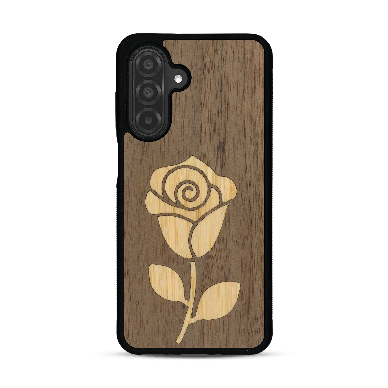 Coque de protection en bois véritable fabriquée en France pour Samsung A25 alliant plusieurs essences de bois pour représenter une rose