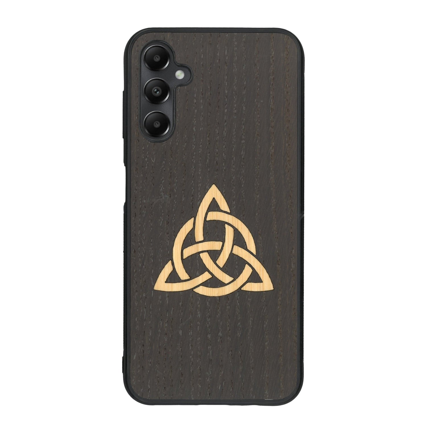Coque de protection en bois véritable fabriquée en France pour Samsung A25 alliant du chêne fumé et du bambou représentant une triquetra