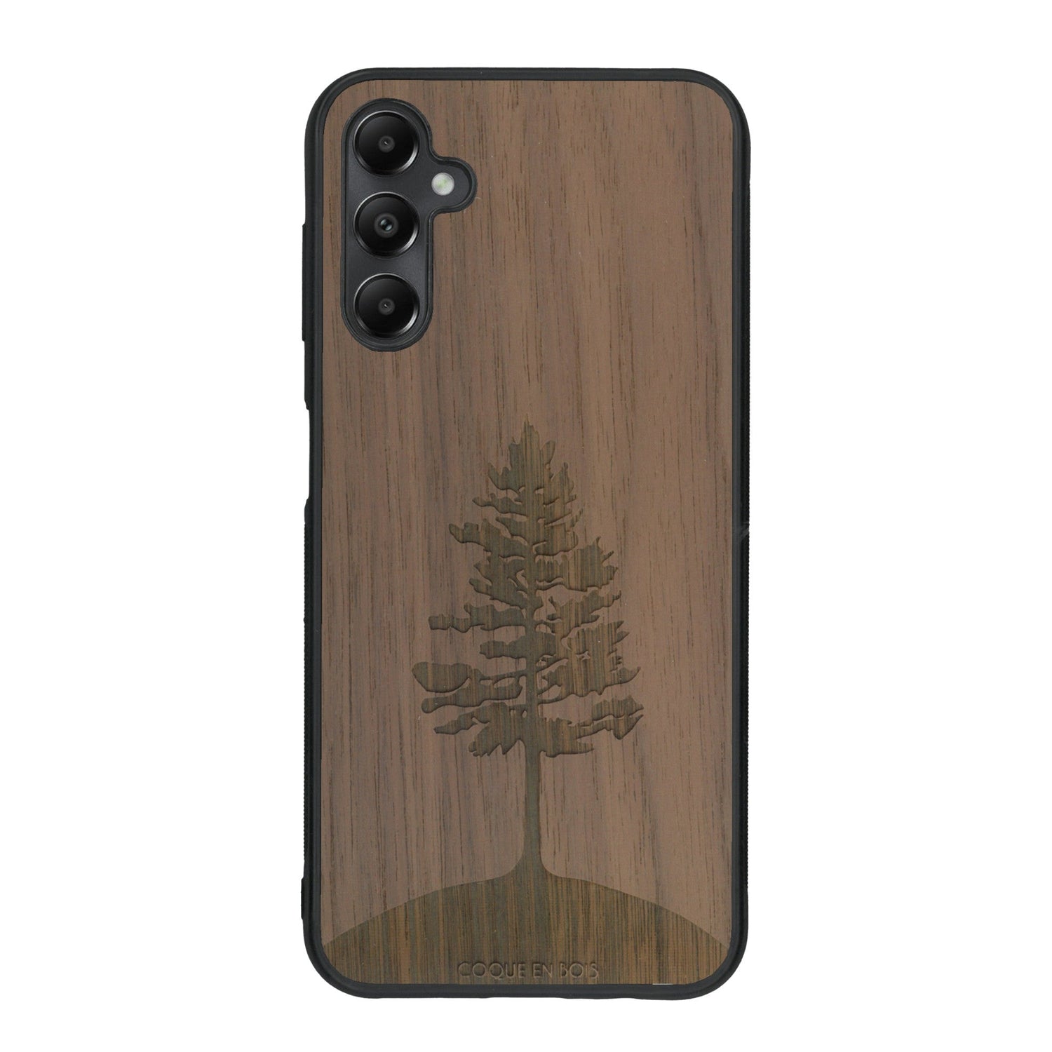 Coque de protection en bois véritable fabriquée en France pour Samsung A25 sur le thème de la nature, de la fôret et de l'écoresponsabilité avec une gravure représentant un arbre 