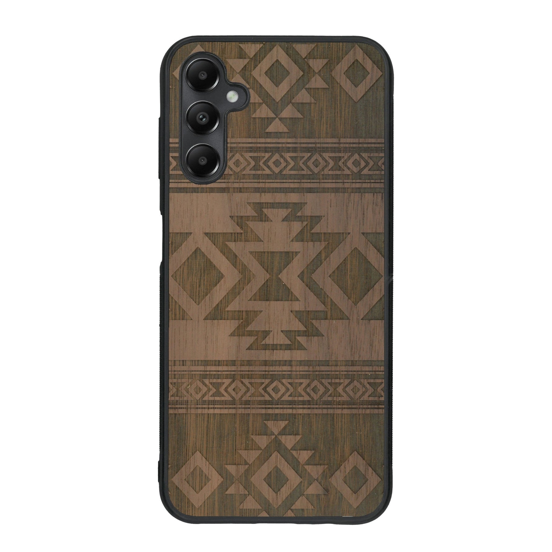 Coque de protection en bois véritable fabriquée en France pour Samsung A25 avec des motifs géométriques s'inspirant des temples aztèques, mayas et incas