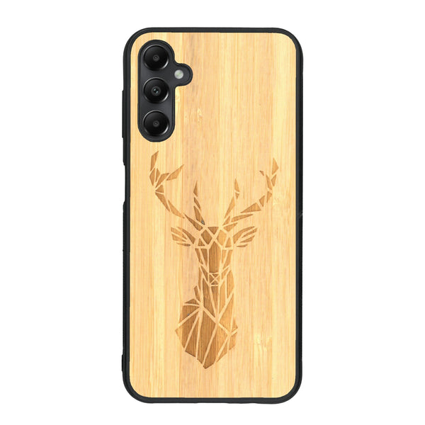 Coque de protection en bois véritable fabriquée en France pour Samsung A25 sur le thème de la nature et des animaux représentant une tête de cerf gométrique avec un design moderne et minimaliste
