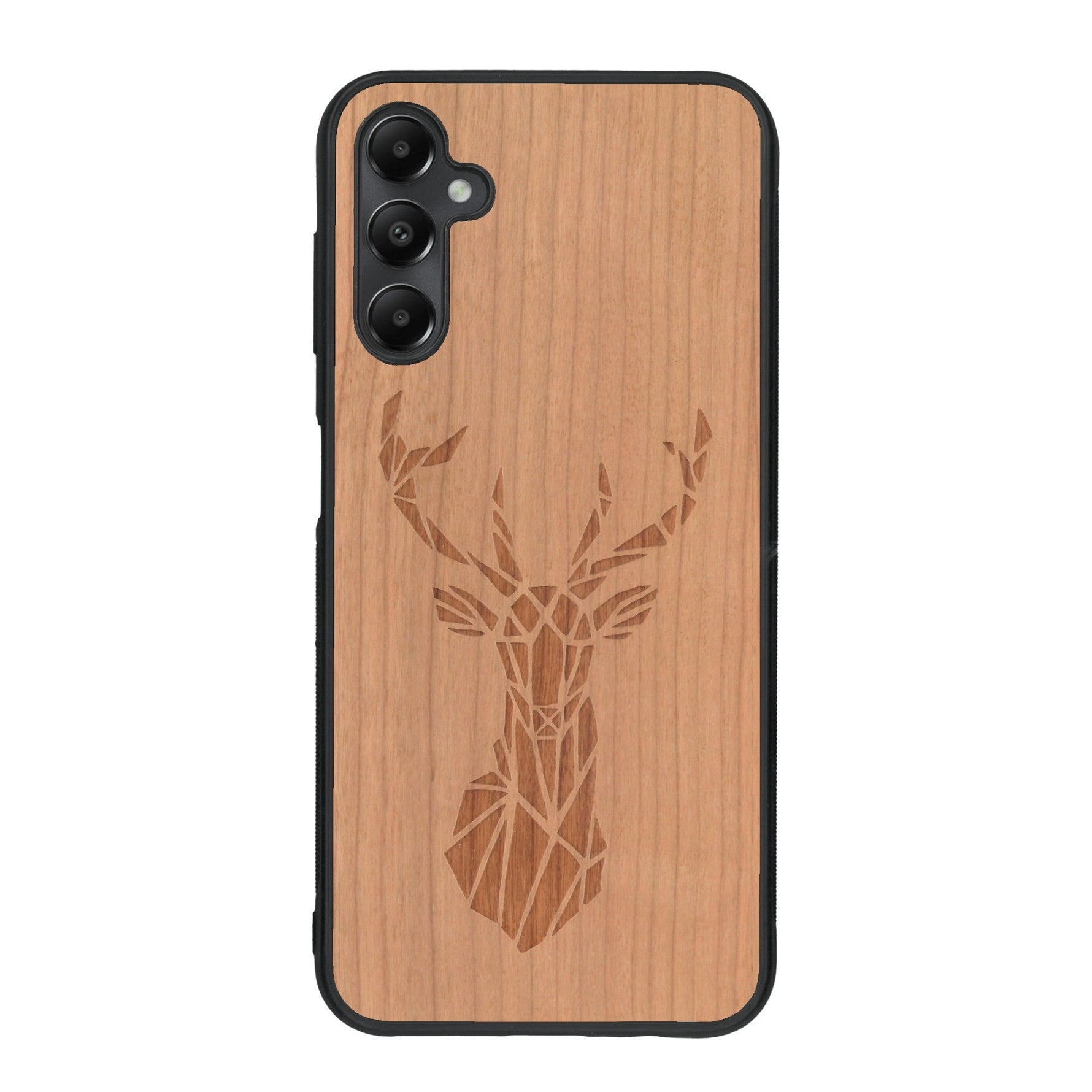 Coque de protection en bois véritable fabriquée en France pour Samsung A25 sur le thème de la nature et des animaux représentant une tête de cerf gométrique avec un design moderne et minimaliste