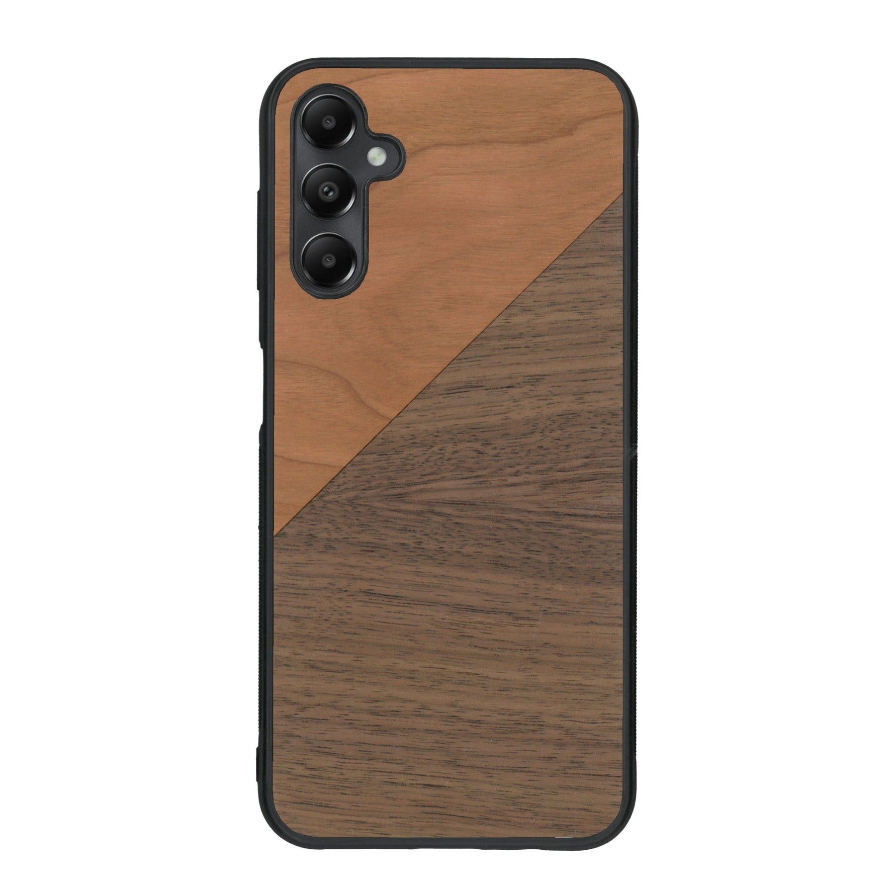 Coque de protection en bois véritable fabriquée en France pour Samsung A25 alliant du merisier et du noyer formant chacun un triangle avec une jointure en diagonale sur le thème de l'art abstrait