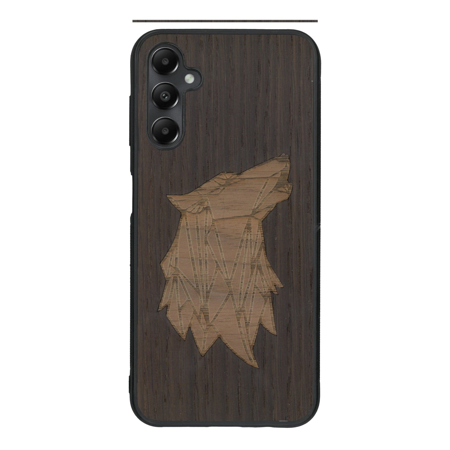 Coque de protection en bois véritable fabriquée en France pour Samsung A25 alliant du chêne fumé et du noyer représentant une tête de loup géométrique de profil sur le thème des animaux et de la nature