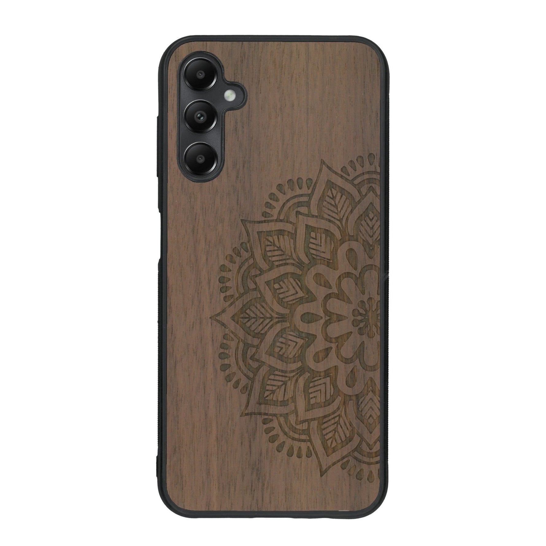 Coque de protection en bois véritable fabriquée en France pour Samsung A25 sur le thème de la bohème et du tatouage au henné avec une gravure représentant un mandala