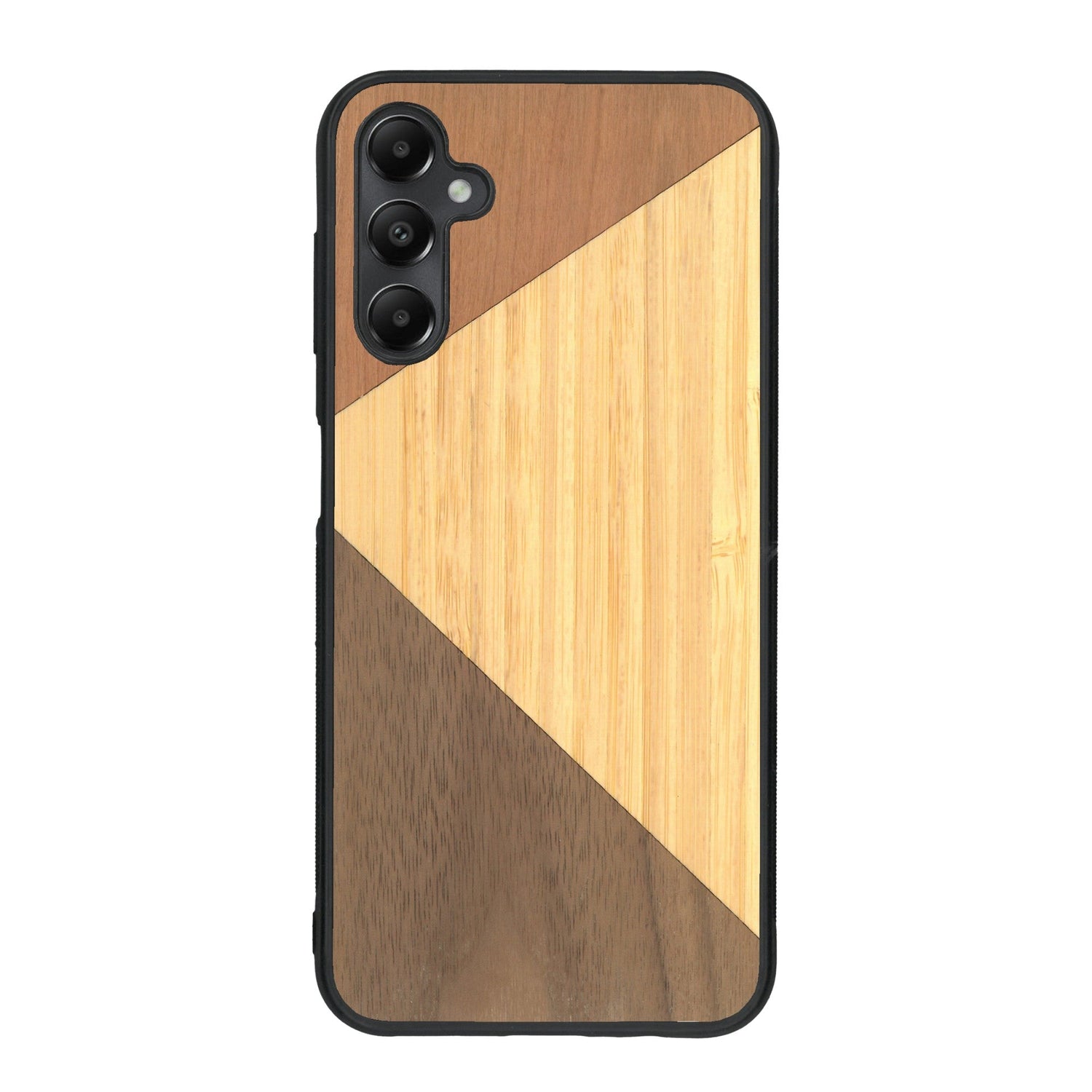 Coque de protection en bois véritable fabriquée en France pour Samsung A25 alliant du merisier, du noyer et du bambou formant chacun deux triangles et un trapèze avec deux jointures en diagonale sur le thème de l'art abstrait