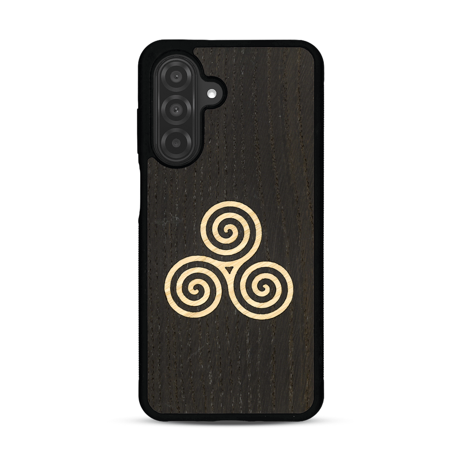 Coque de protection en bois véritable fabriquée en France pour  alliant du chêne fumé et du bambou et doré représentant un triskell