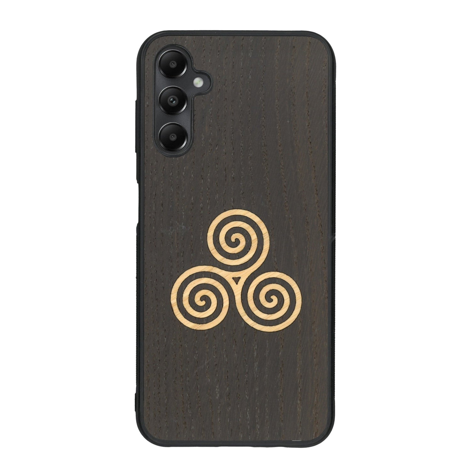 Coque de protection en bois véritable fabriquée en France pour Samsung A25 alliant du chêne fumé et du bambou et doré représentant un triskell