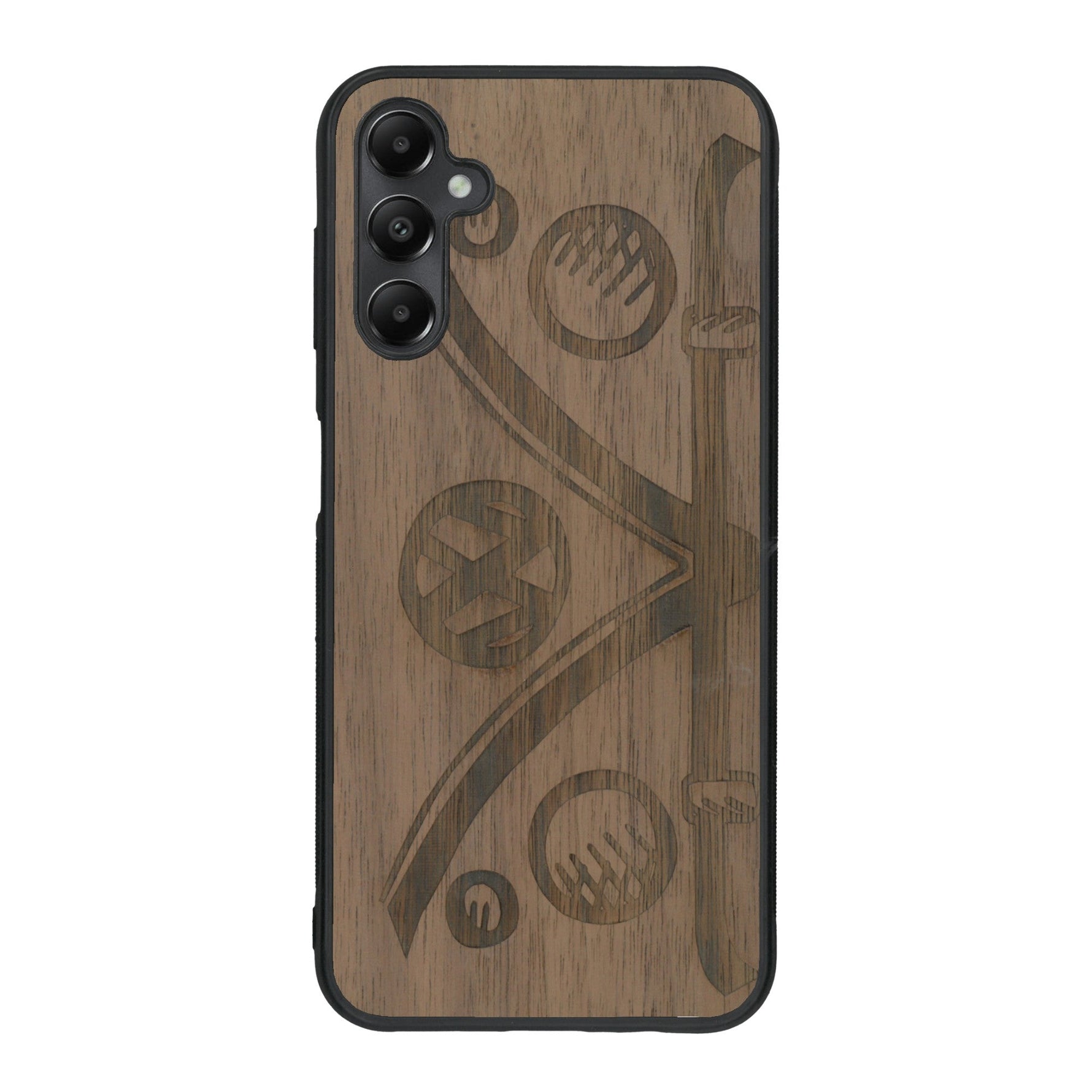 Coque de protection en bois véritable fabriquée en France pour Samsung A25 sur le thème de l'automobile avec un van combi