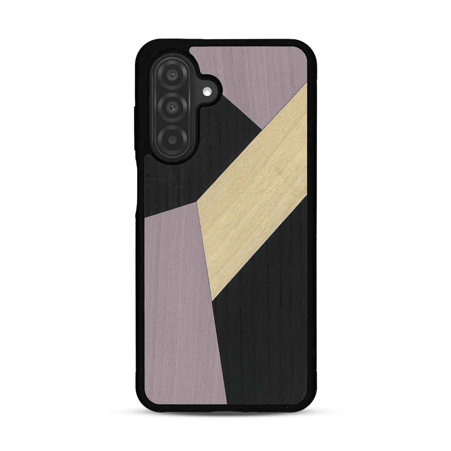 Coque de protection en bois véritable fabriquée en France pour  alliant du bambou, du tulipier mauve et noir en forme de mosaïque minimaliste sur le thème de l'art abstrait