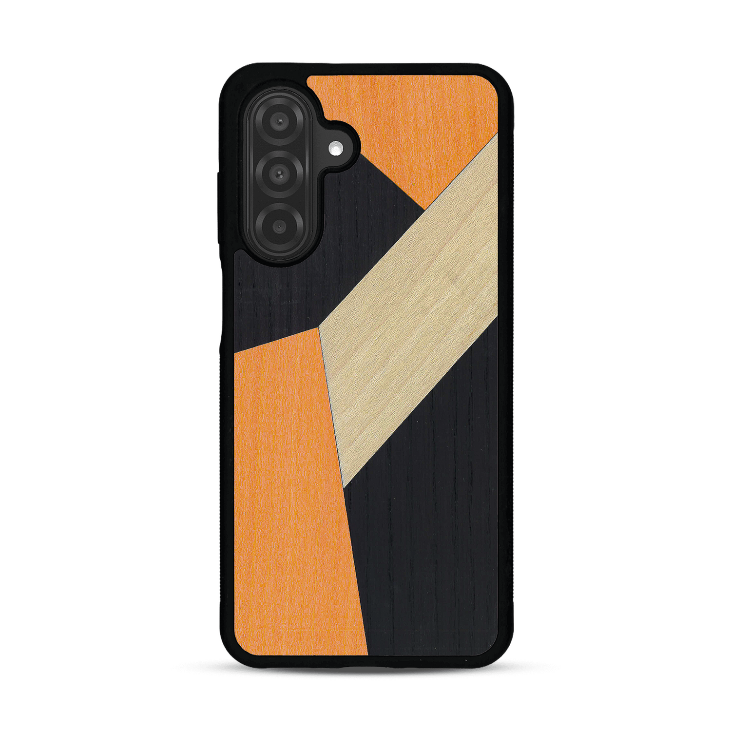 Coque de protection en bois véritable fabriquée en France pour Samsung A25 alliant du bambou, du tulipier orange et noir en forme de mosaïque minimaliste sur le thème de l'art abstrait