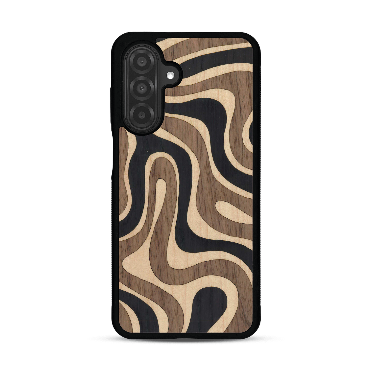 Coque de protection en bois véritable fabriquée en France pour Samsung A25 alliant plusieurs essences de bois pour représenter une ondulation