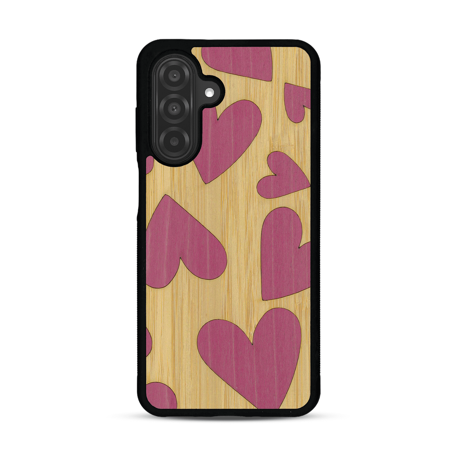 Coque de protection en bois véritable fabriquée en France pour  alliant plusieurs essences de bois pour représenter des coeurs pour les amoureux