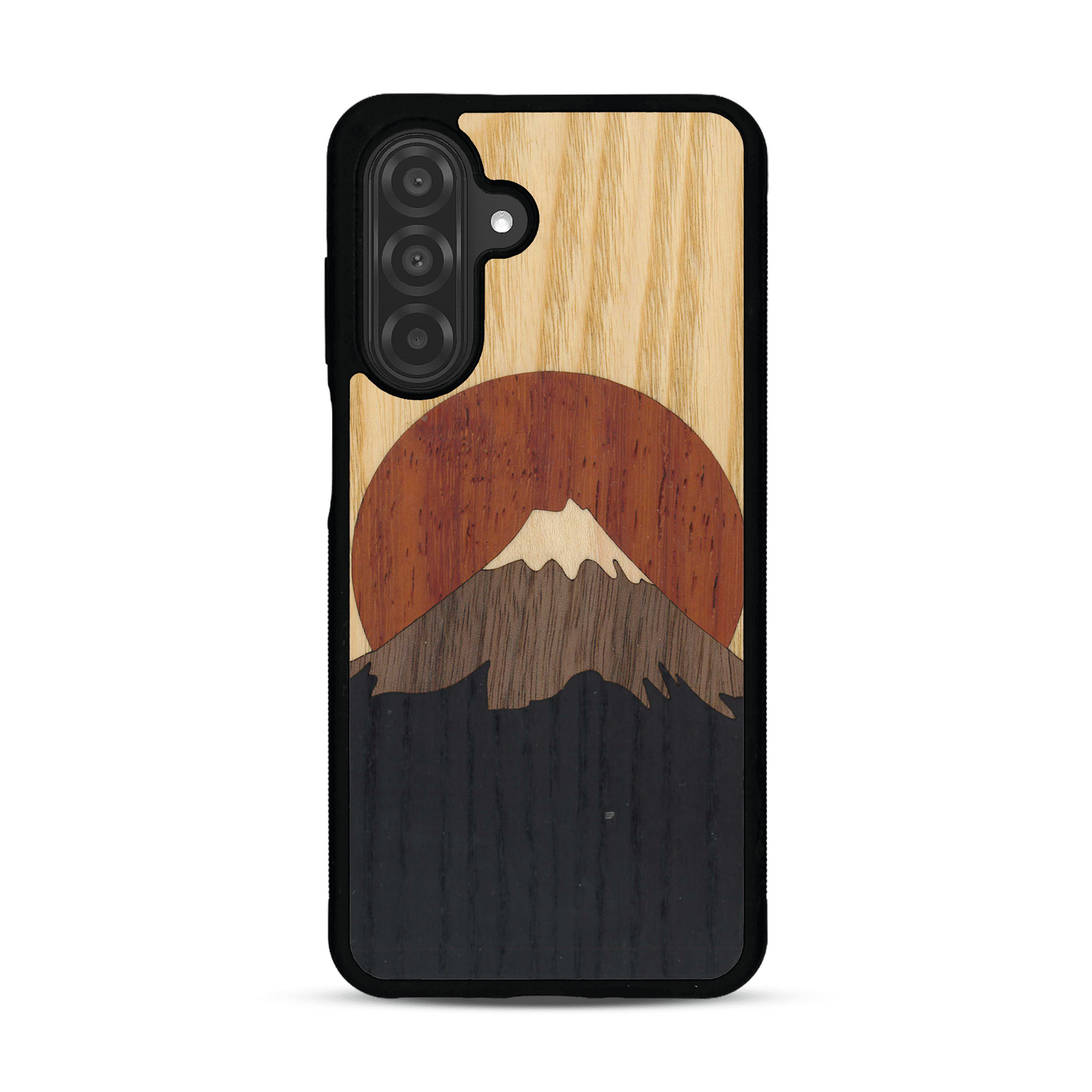 Coque de protection en bois véritable fabriquée en France pour  alliant plusieurs essences de bois pour représenter le mont Fuji