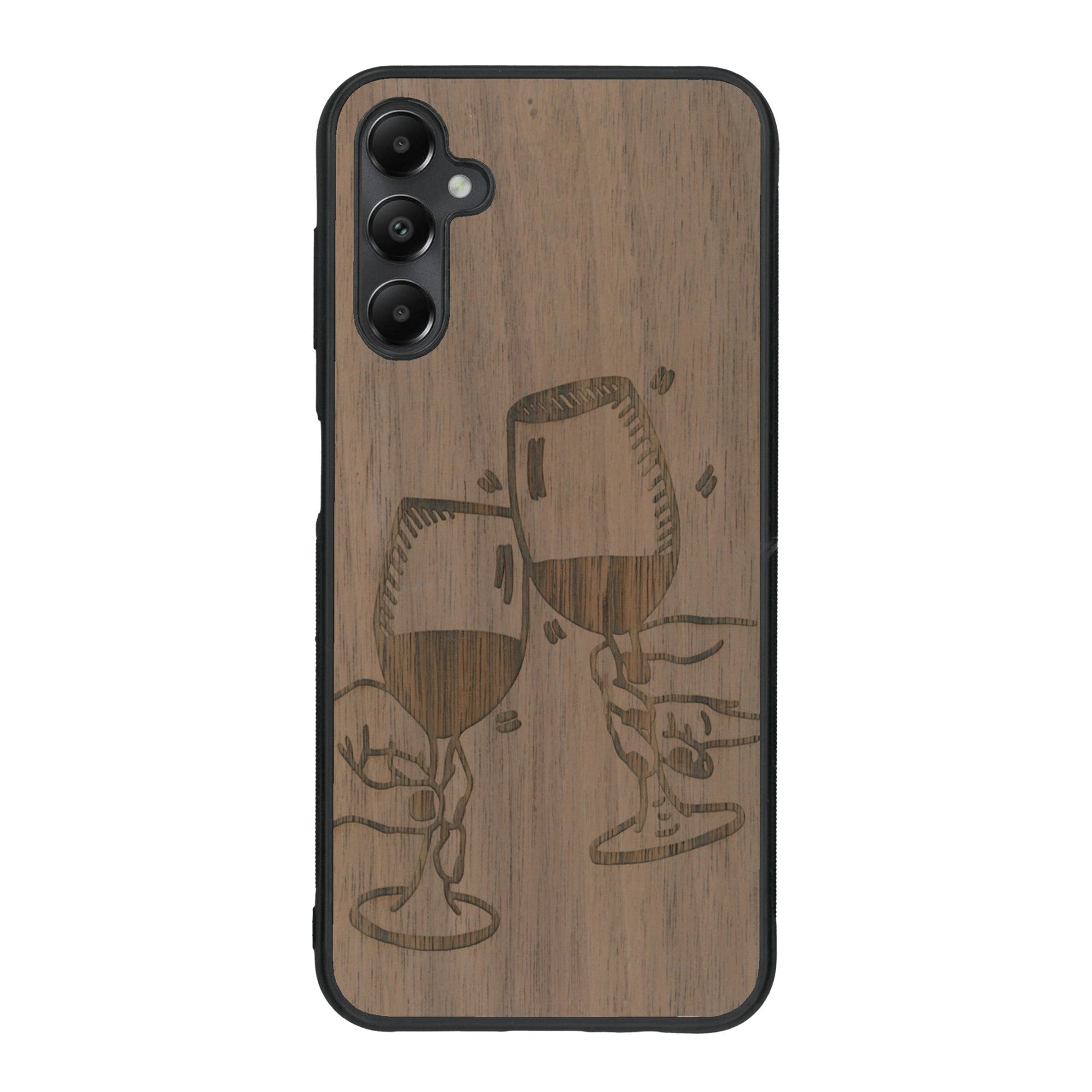 Coque de protection en bois véritable fabriquée en France pour Samsung A25 représentant une vue de face d'une flute de champagne dessinée à la main par l'artiste Maud Dabs