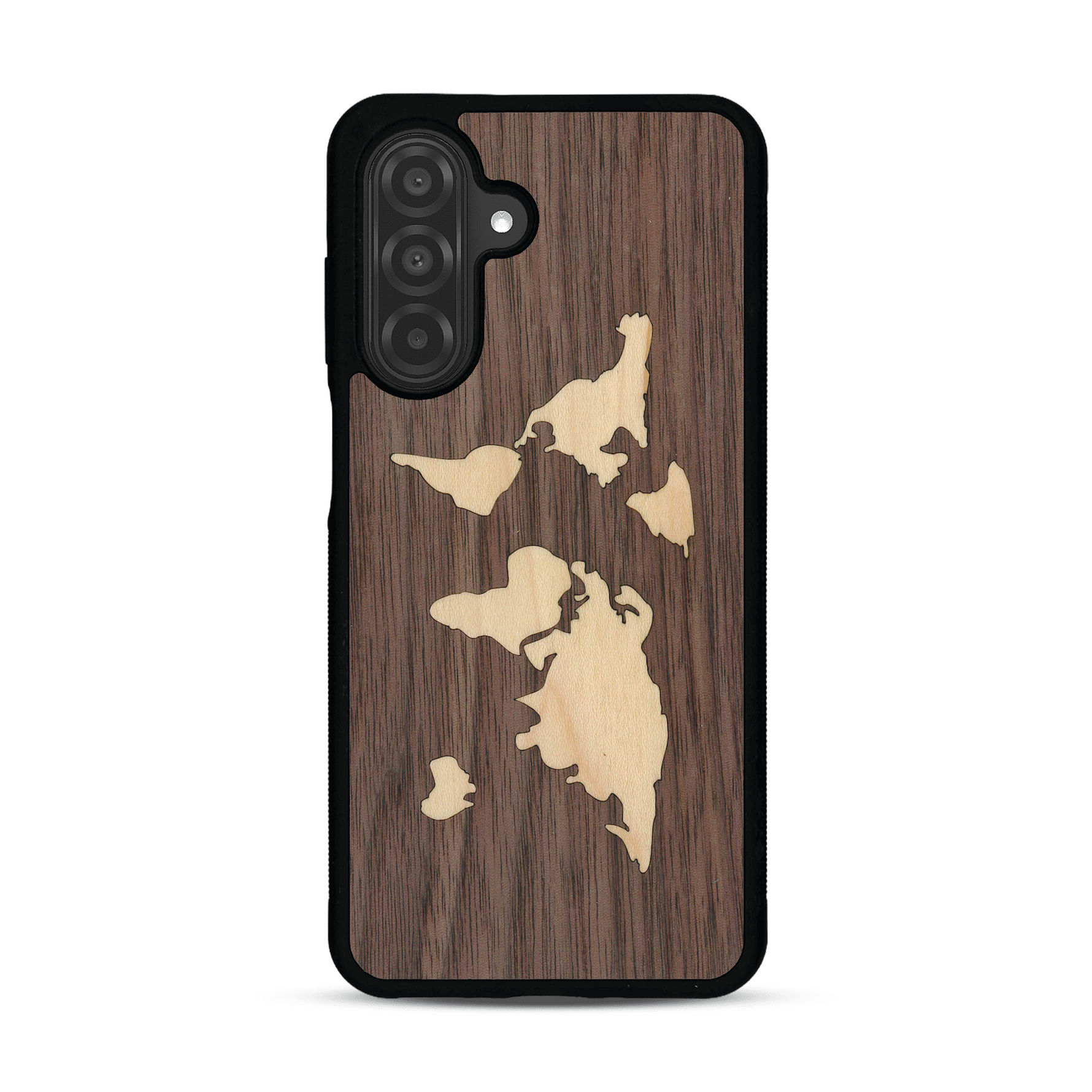 Coque de protection en bois véritable fabriquée en France pour  alliant du bambou et du noyer sur le thème du voyage et de l'aventure représentant une mappemonde