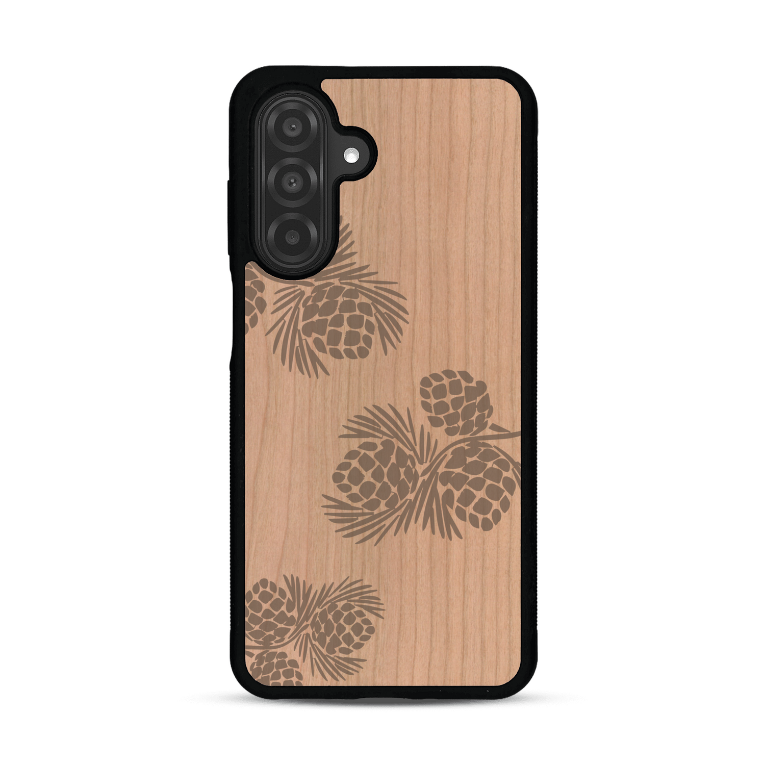 Coque de protection en bois véritable fabriquée en France pour  sur le thème de la nature des arbres avec un motif de gravure représentant des épines de sapin et des pommes de pin
