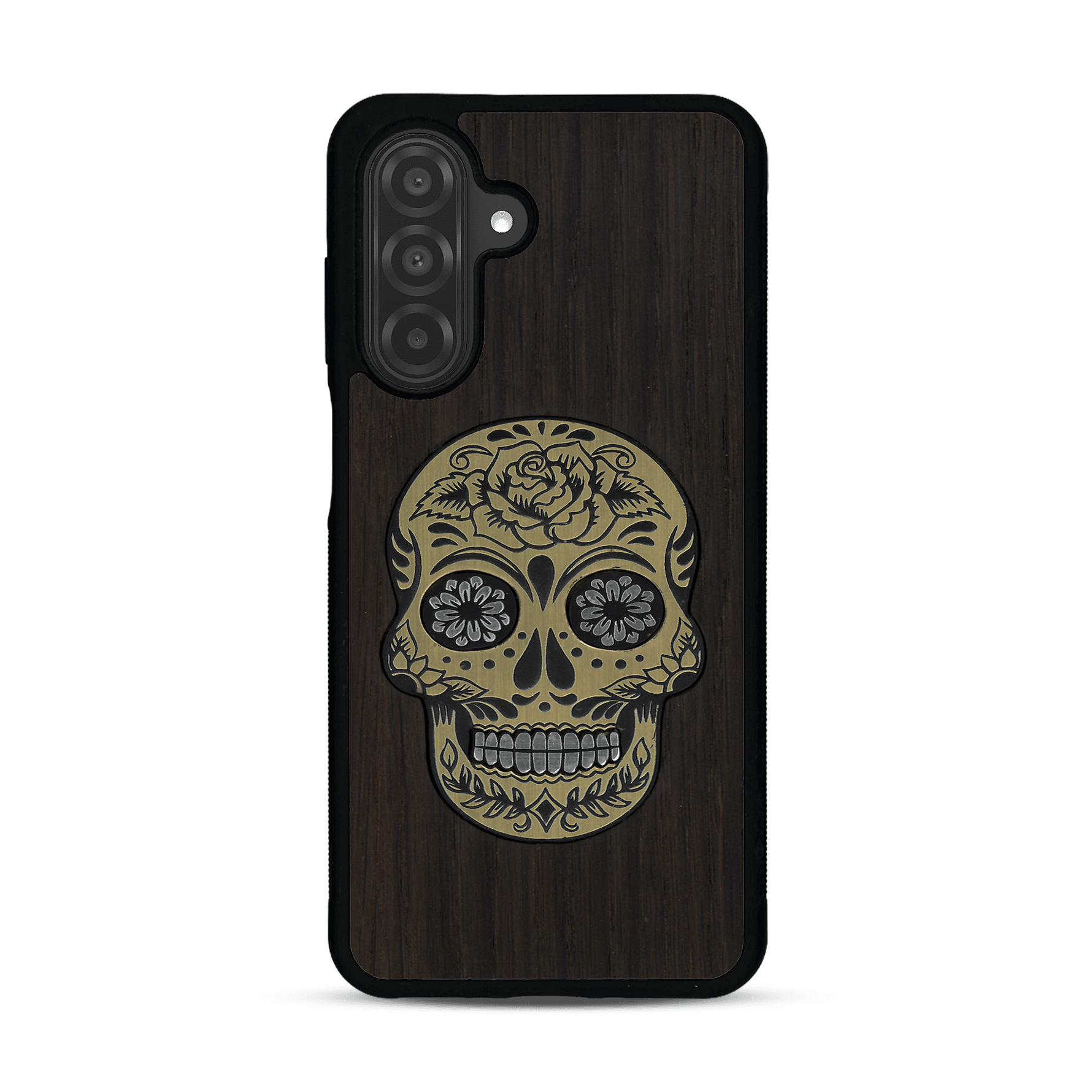 Coque de protection en bois véritable fabriquée en France pour  alliant du chêne fumé avec du métal argenté et doré représentant une tête de mort mexicaine sur le thème Dia de los Muertos