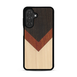 Coque de protection en bois véritable fabriquée en France pour  alliant du chêne fumé, du padouk et du bambou en forme de chevron sur le thème de l'art abstrait