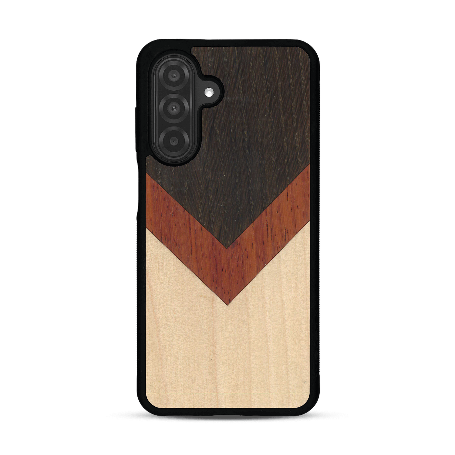 Coque de protection en bois véritable fabriquée en France pour  alliant du chêne fumé, du padouk et du bambou en forme de chevron sur le thème de l'art abstrait
