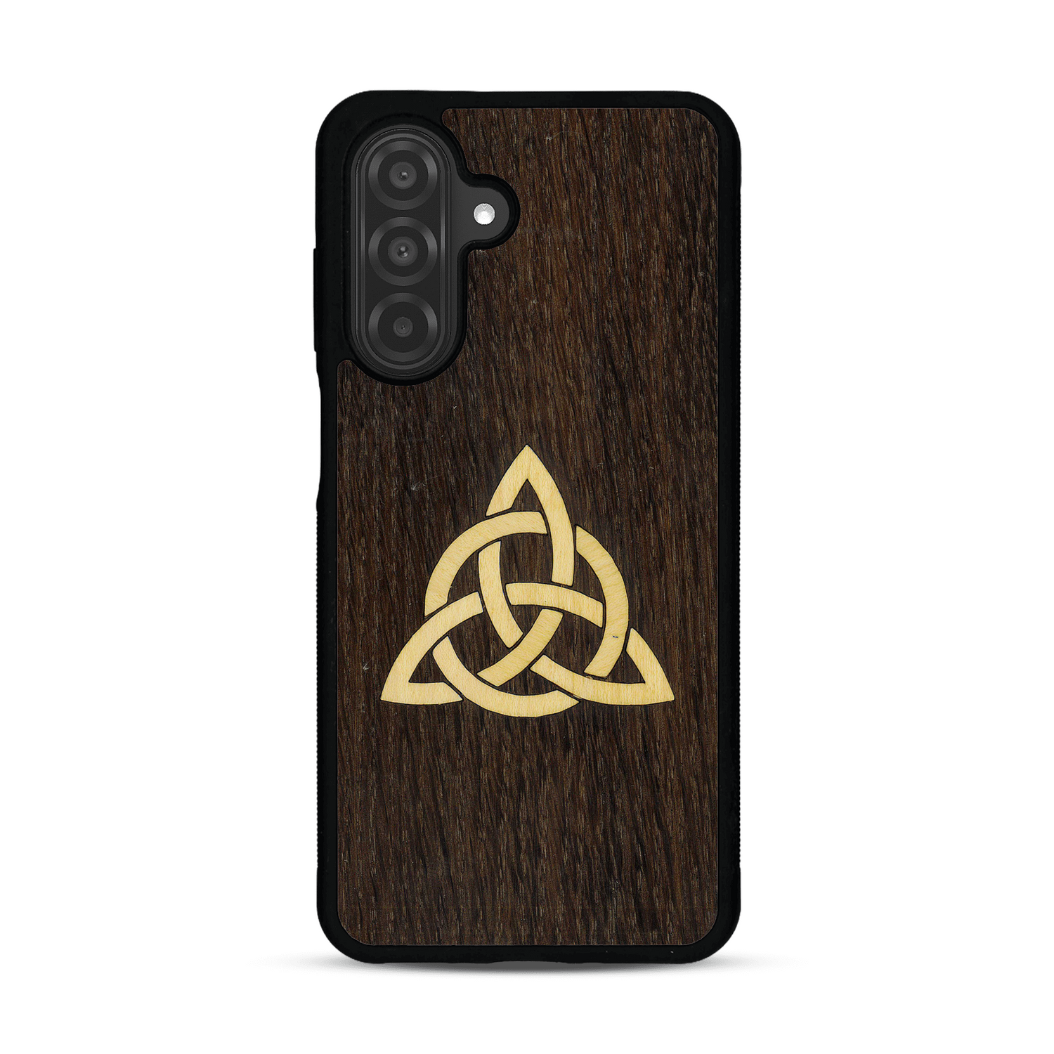 Coque de protection en bois véritable fabriquée en France pour  alliant du chêne fumé et du bambou représentant une triquetra
