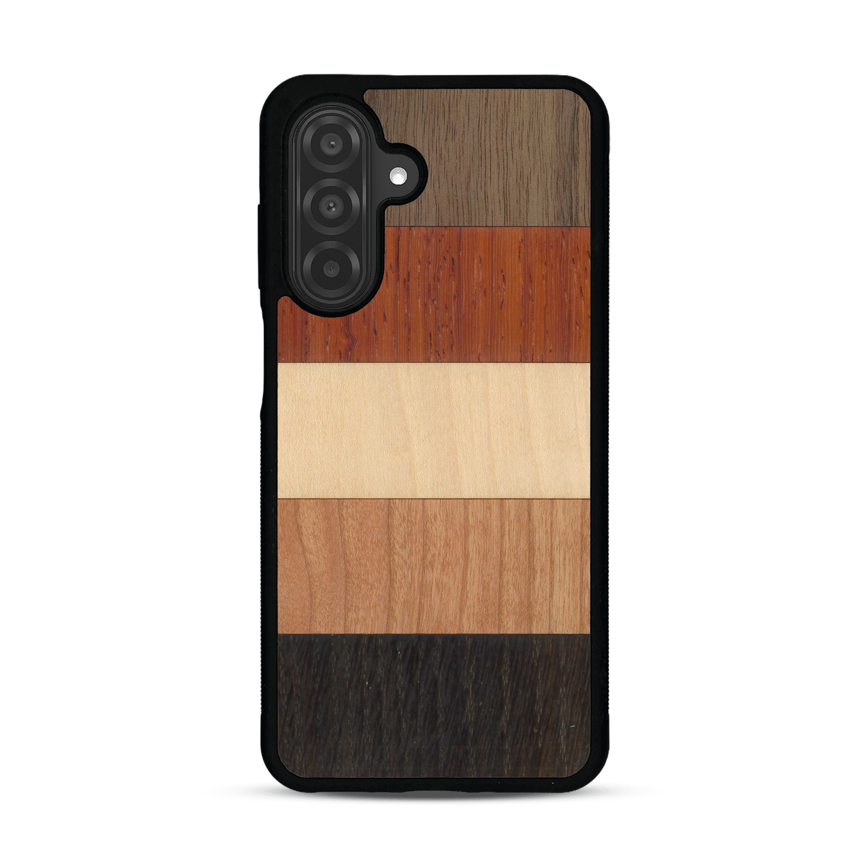 Coque de protection en bois véritable fabriquée en France pour  alliant des bandes horizontales de bambou, merisier, padouk, noyer et chêne fumé