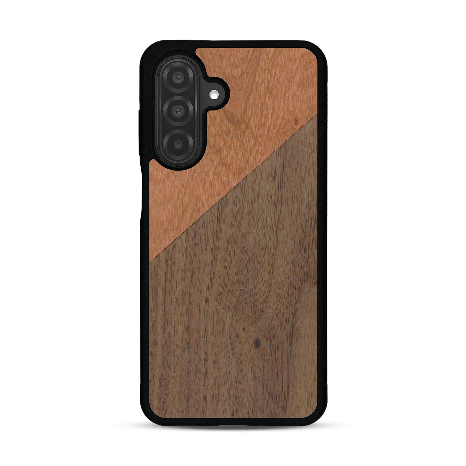 Coque de protection en bois véritable fabriquée en France pour  alliant du merisier et du noyer formant chacun un triangle avec une jointure en diagonale sur le thème de l'art abstrait
