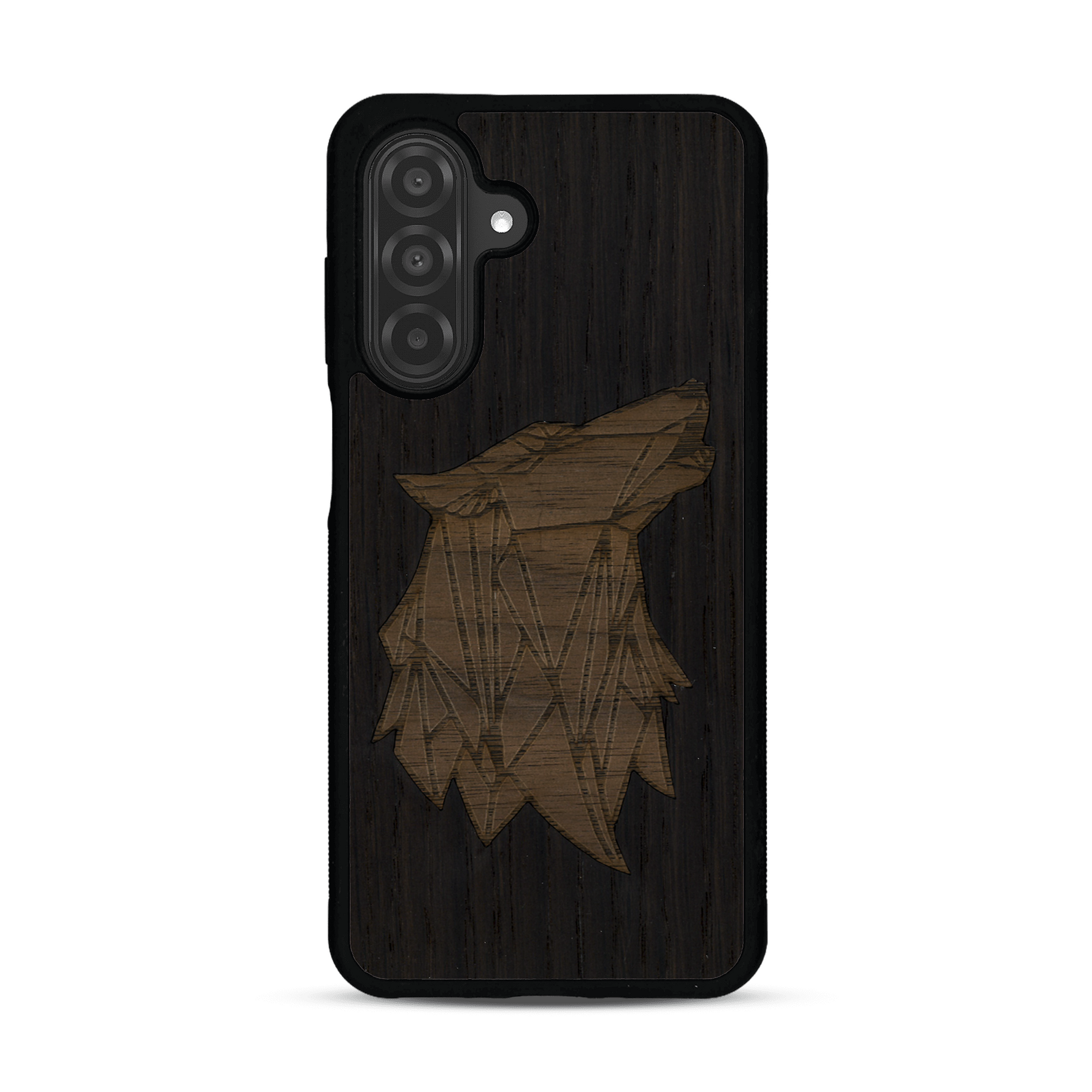 Coque de protection en bois véritable fabriquée en France pour  alliant du chêne fumé et du noyer représentant une tête de loup géométrique de profil sur le thème des animaux et de la nature