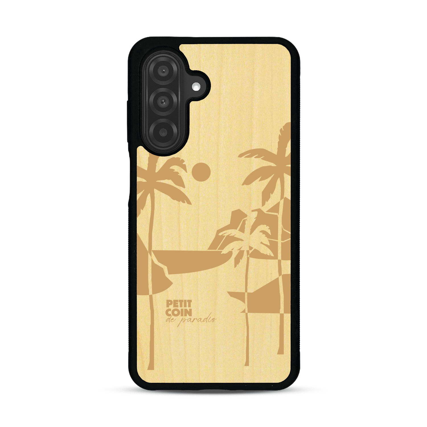Coque de protection en bois véritable fabriquée en France pour  sur le thème des voyages en vans, vanlife et chill avec une gravure représentant un van vw combi devant le soleil couchant sur une plage avec des vagues