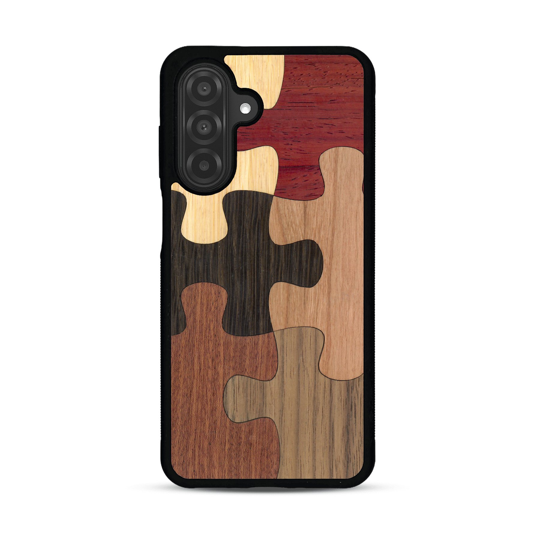 Coque de protection en bois véritable fabriquée en France pour  représentant un puzzle en six pièces qui allie du chêne fumé, du noyer, du bambou, du padouk, du merisier et de l'acajou