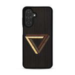 Coque de protection en bois véritable fabriquée en France pour  sur le thème de l'art géométrique qui allie du chêne fumé, du noyer, du bambou et du padouk représentant le triangle de penrose