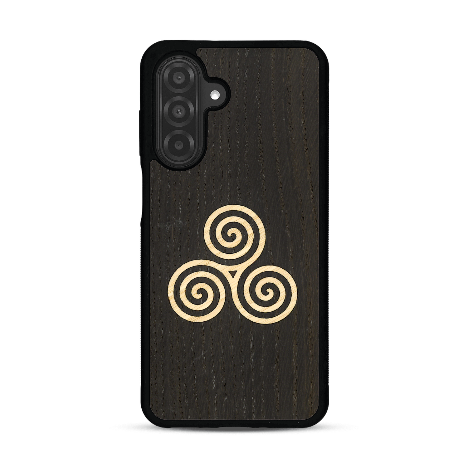 Coque de protection en bois véritable fabriquée en France pour  alliant du chêne fumé et du bambou et doré représentant un triskell
