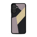 Coque de protection en bois véritable fabriquée en France pour  alliant du bambou, du tulipier mauve et noir en forme de mosaïque minimaliste sur le thème de l'art abstrait