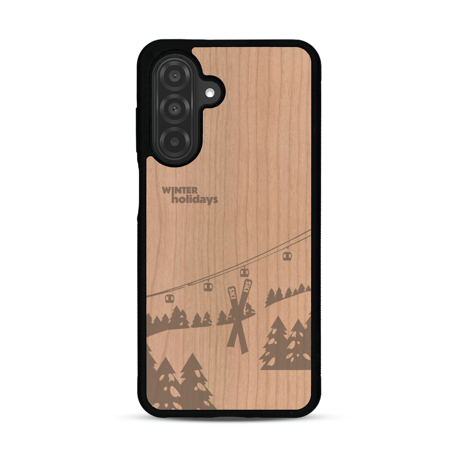 Coque de protection en bois véritable fabriquée en France pour  sur le thème de la montagne, du ski et de la neige avec un motif représentant une paire de ski plantée dans la neige avec en fond des montagnes enneigées
