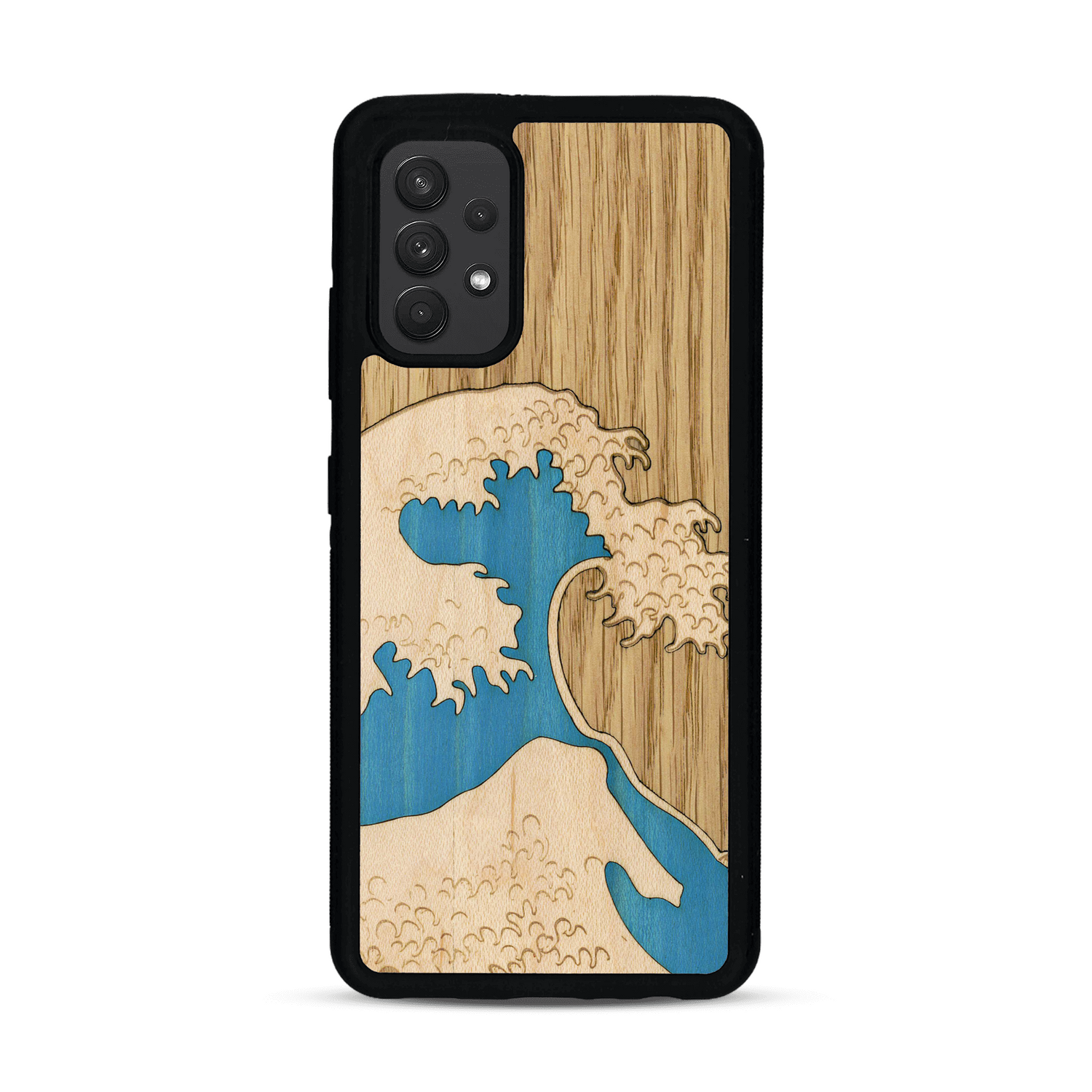 Coque de protection en bois véritable fabriquée en France pour  alliant plusieurs essences de bois pour représenter la célèbre grande vague de Kanagawa
