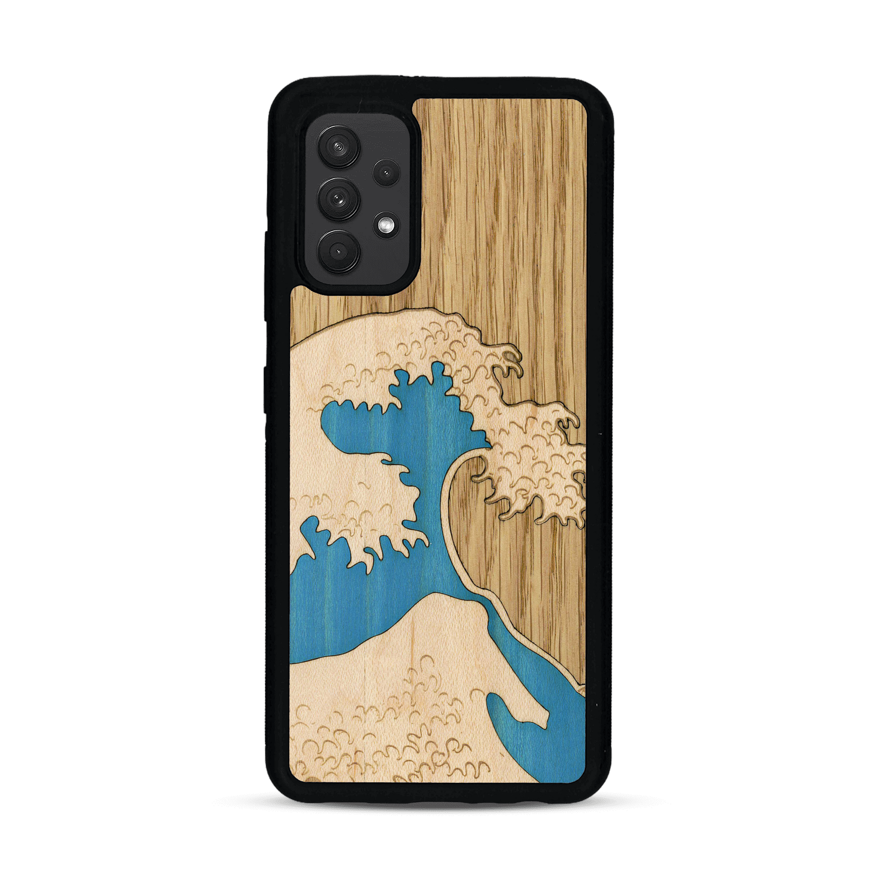 Coque de protection en bois véritable fabriquée en France pour  alliant plusieurs essences de bois pour représenter la célèbre grande vague de Kanagawa
