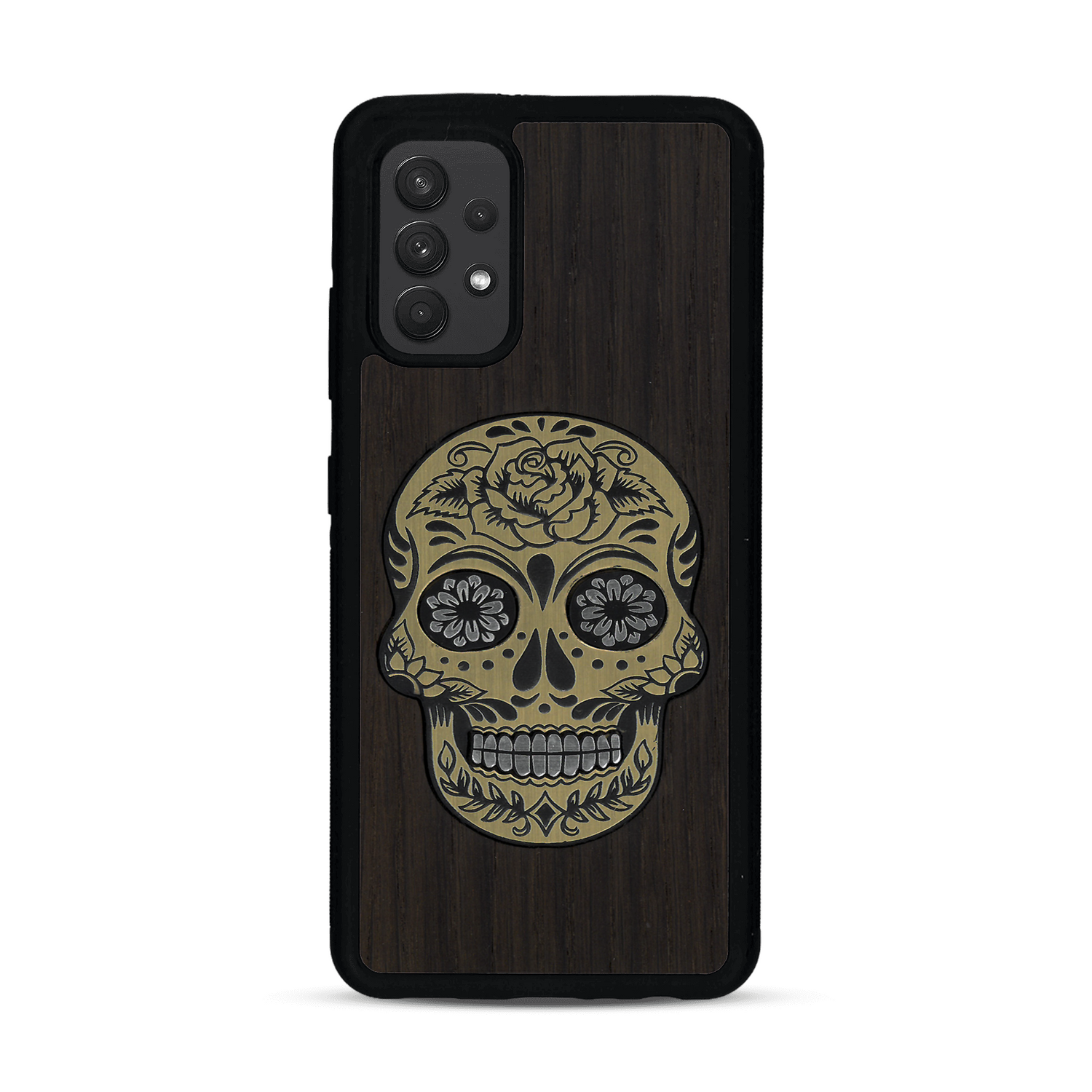 Coque de protection en bois véritable fabriquée en France pour  alliant du chêne fumé avec du métal argenté et doré représentant une tête de mort mexicaine sur le thème Dia de los Muertos