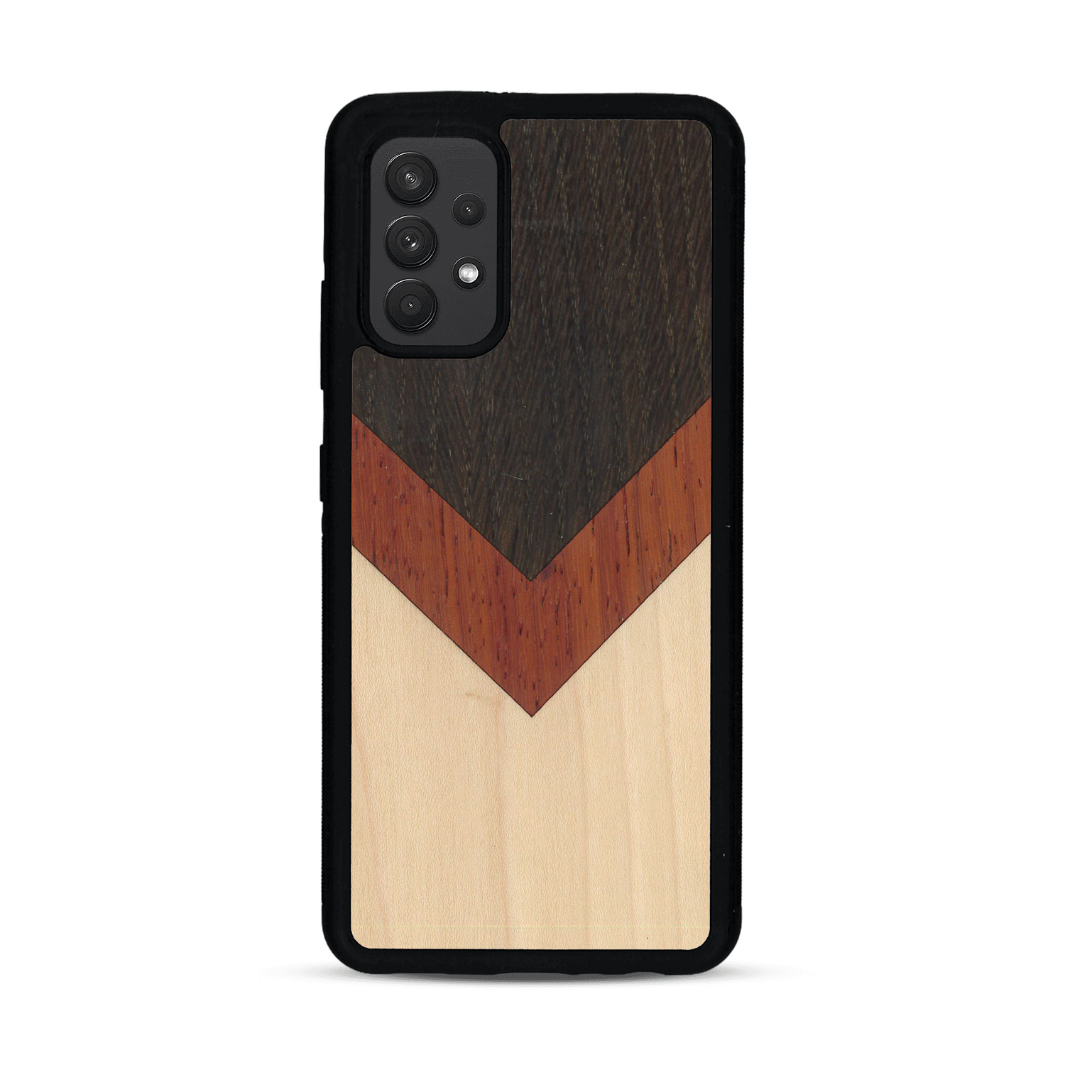 Coque de protection en bois véritable fabriquée en France pour  alliant du chêne fumé, du padouk et du bambou en forme de chevron sur le thème de l'art abstrait