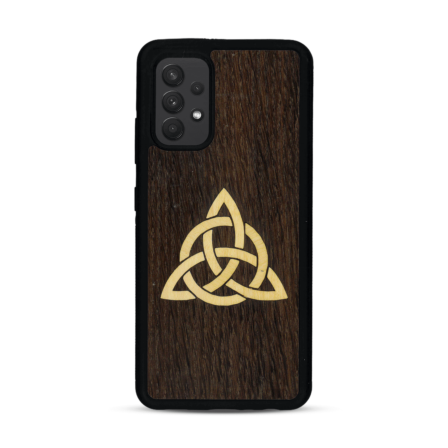 Coque de protection en bois véritable fabriquée en France pour  alliant du chêne fumé et du bambou représentant une triquetra